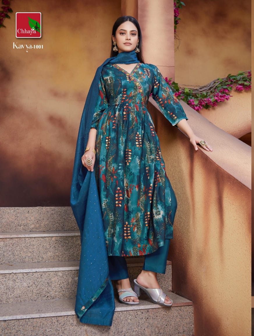 Kavya By Chhaya Kediya Style Neck Long Embroidery Kurti With Bottom Dupatta Wholesale Clothing Suppliers In India